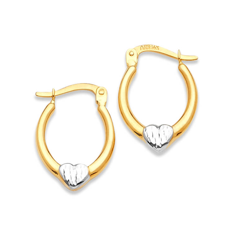 14K Two-tone Solid Gold Ladies Heart Scallop Oval Hoop Earrings