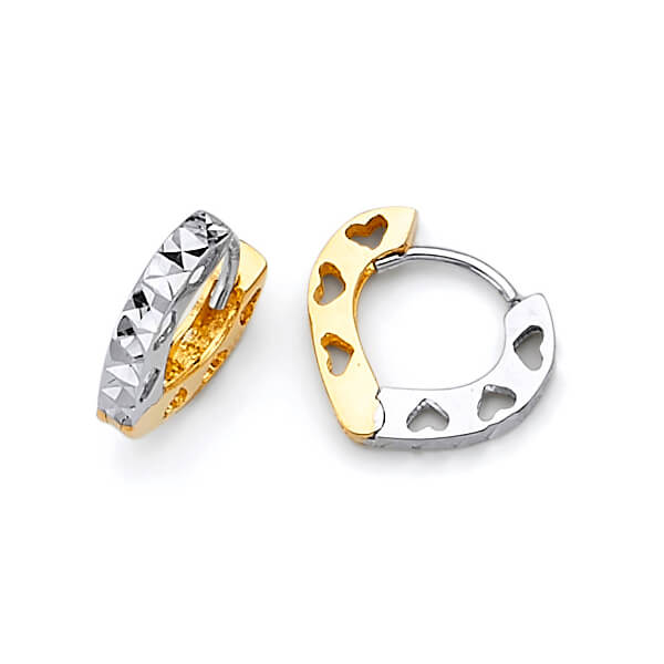 14k Solid Gold Two-tone Heart Huggie Earrings