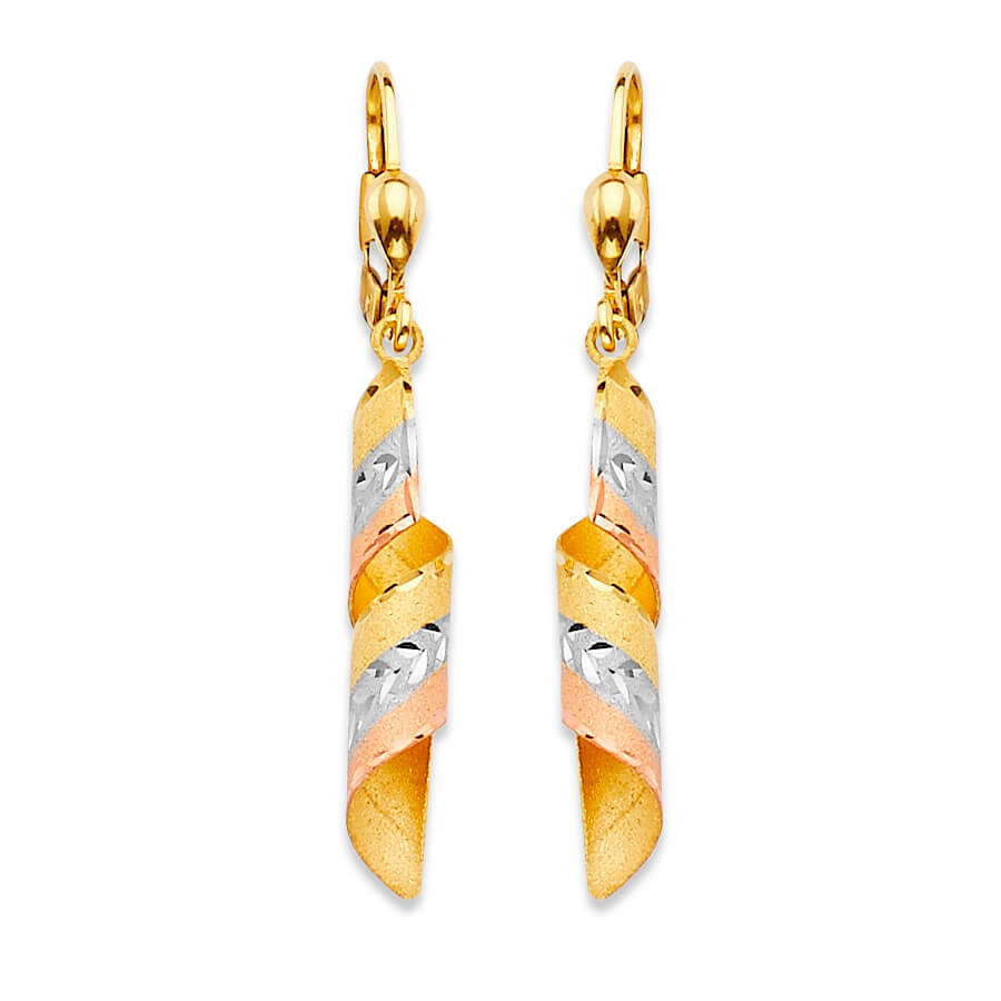 14k Solid Gold Tri-color Spiral Drop Earrings