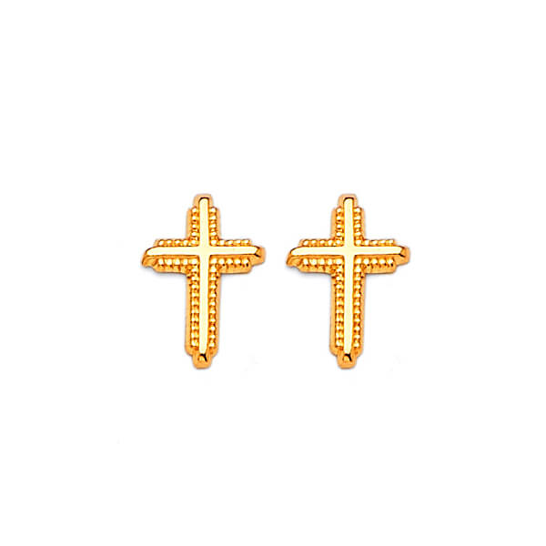 14K Solid Gold Mini Cross Stud Earrings