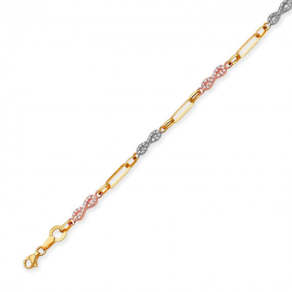 Ladies Ornate Bracelet In 14K Tri-Color Solid Gold and White CZ