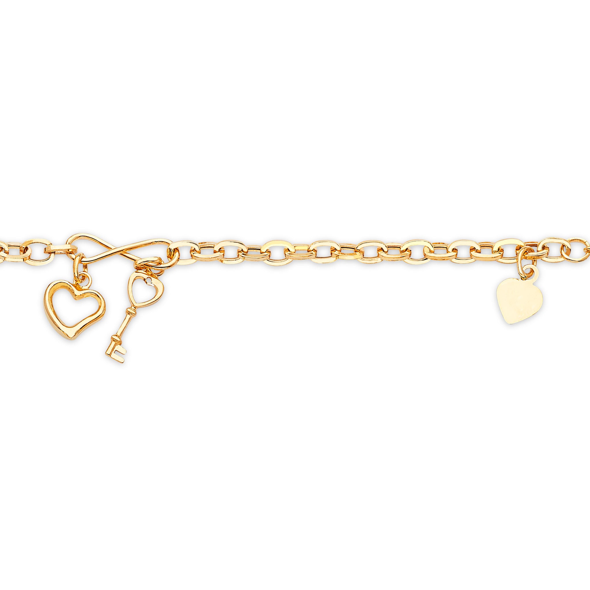 Heart and Key Charm Bracelet in 14K Solid Yellow Gold