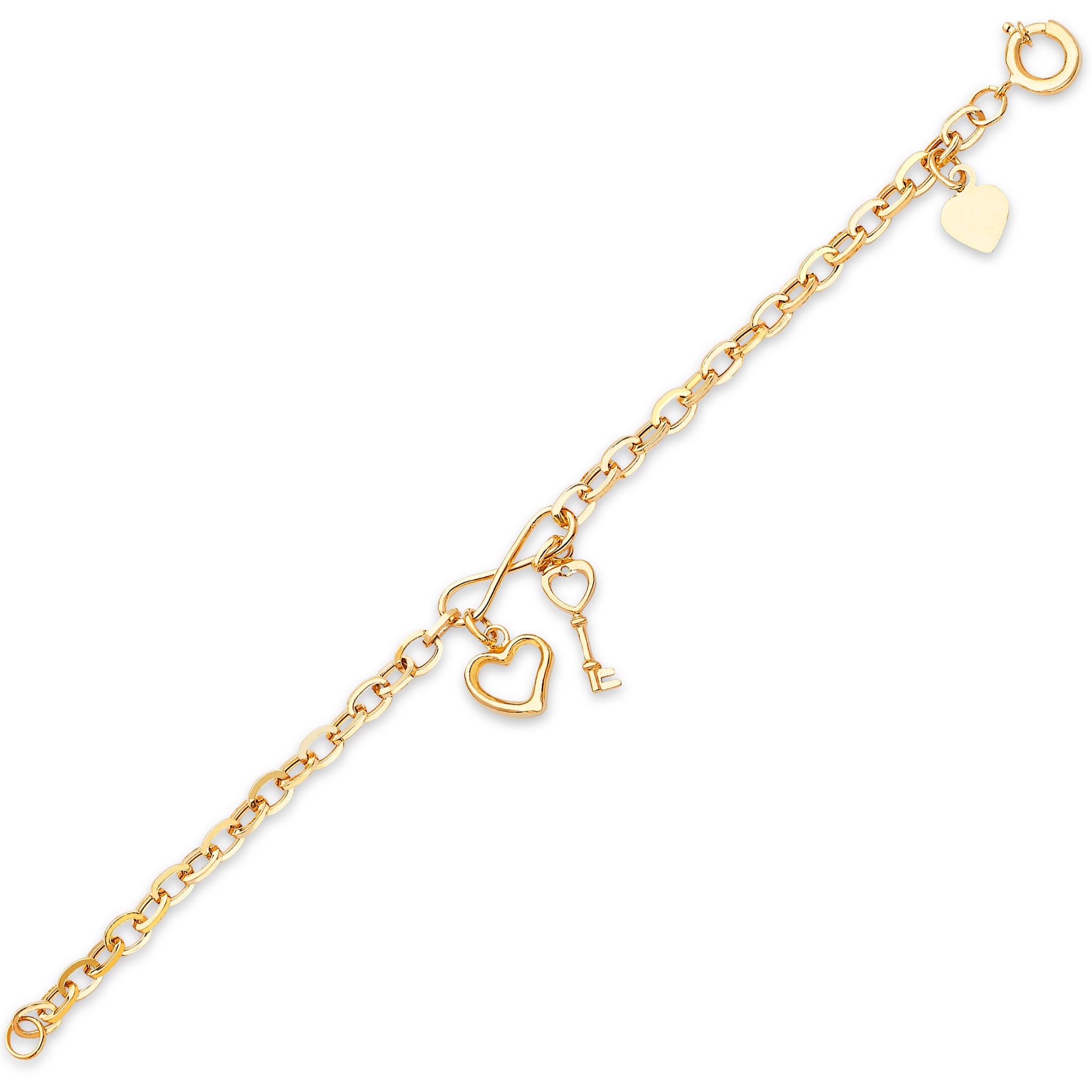 Heart and Key Charm Bracelet in 14K Solid Yellow Gold