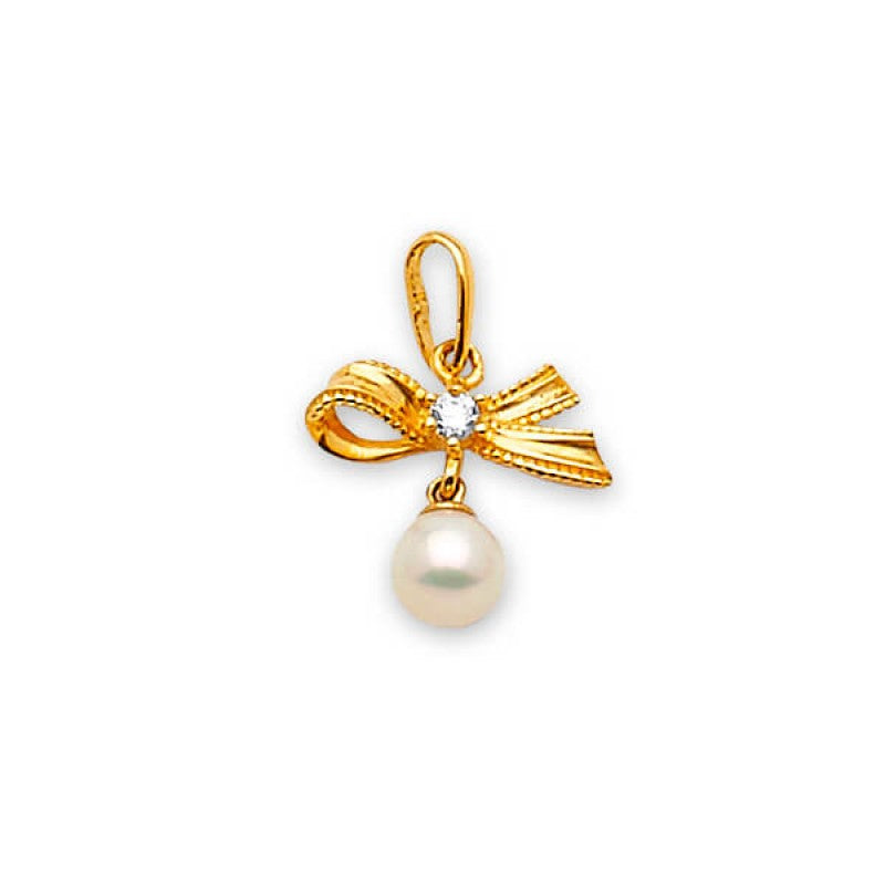 14K Solid Gold with White CZ & Ribbon Pearl Pendant