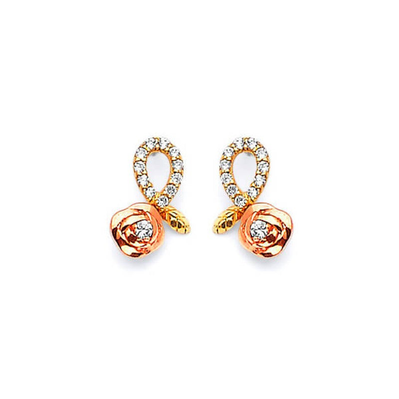 Flower with Stem Stud Earrings in 14K Solid Two-tone Gold with White CZ