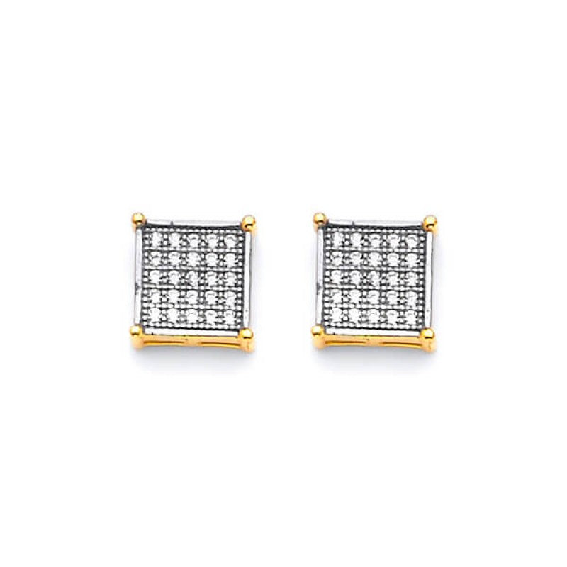 Square Stud Earrings in 14K Two-tone Solid Gold with White CZ