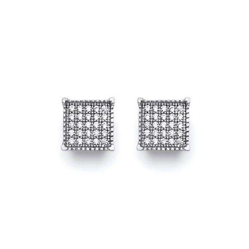 Square Stud Earrings in 14K White Solid Gold with White CZ