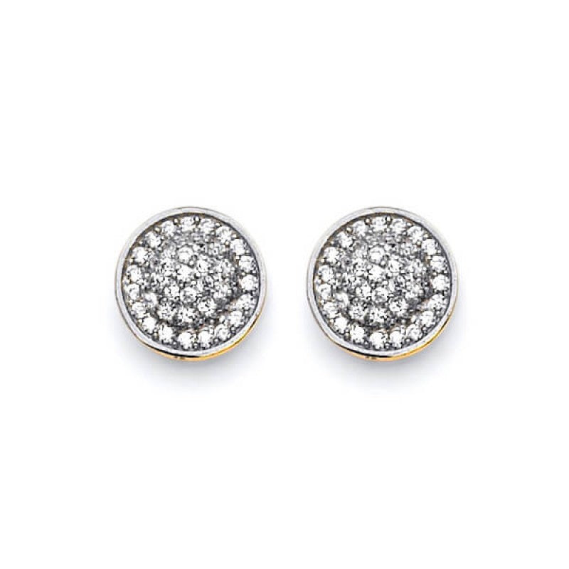 14K Solid Gold Circle Stud Earrings in Two-tone Color with White CZ