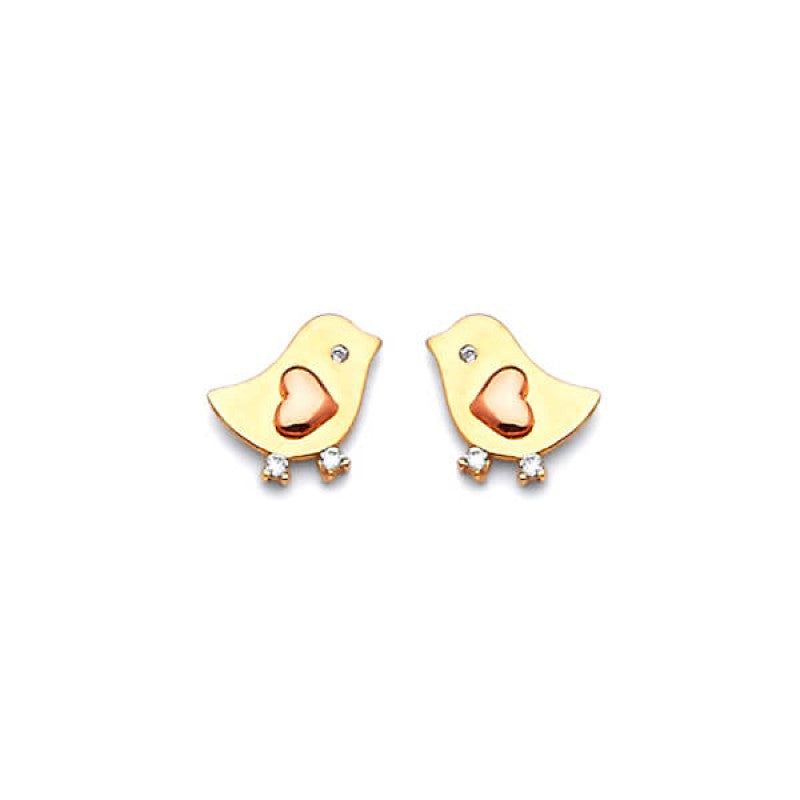 Love Bird Stud Earrings in 14K Solid Two-tone Gold With White CZ