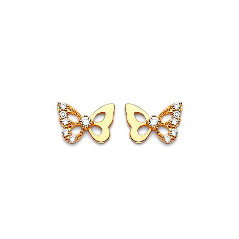 14K Solid Gold w/ White CZ Butterfly Stud Earrings