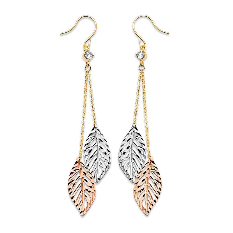 14K Tri-color Gold w/ White CZ Leaf Tassel Earrings