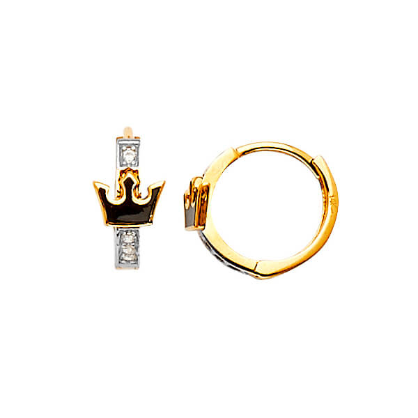 14K Solid Two-tone Gold w/ White Cubic Zirconia & Black Onyx  Ladies Tiara Huggie Earring