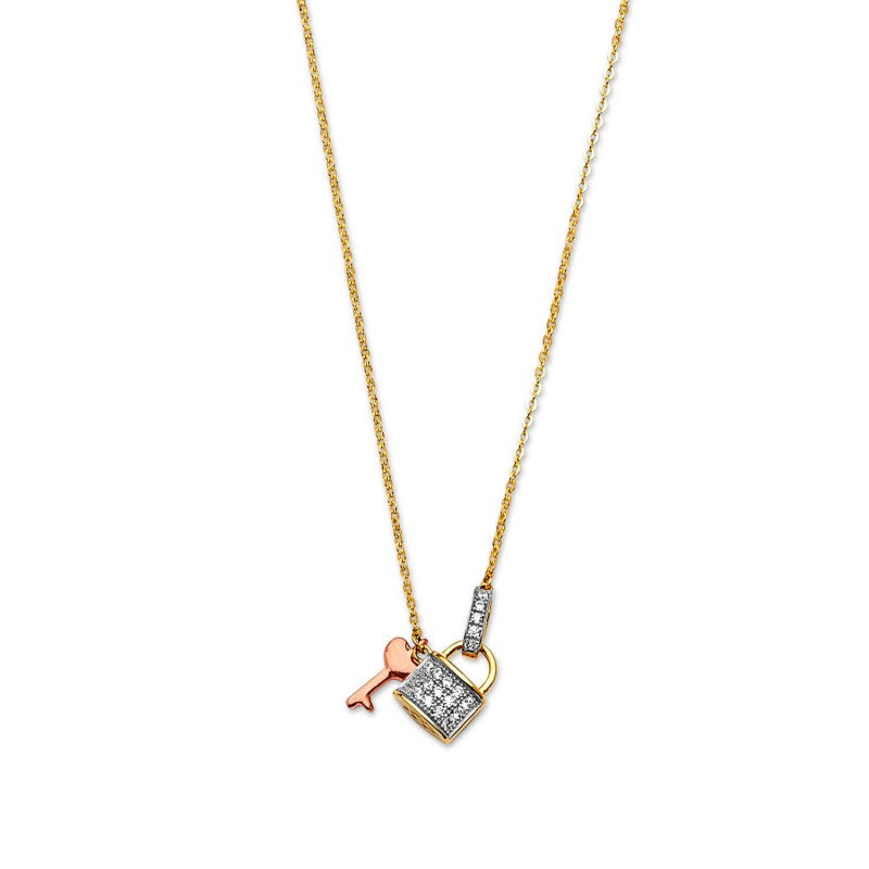 Ladies Adjustable Lock and Key Charm Necklace in 14K Solid Tri-color Gold with White CZ