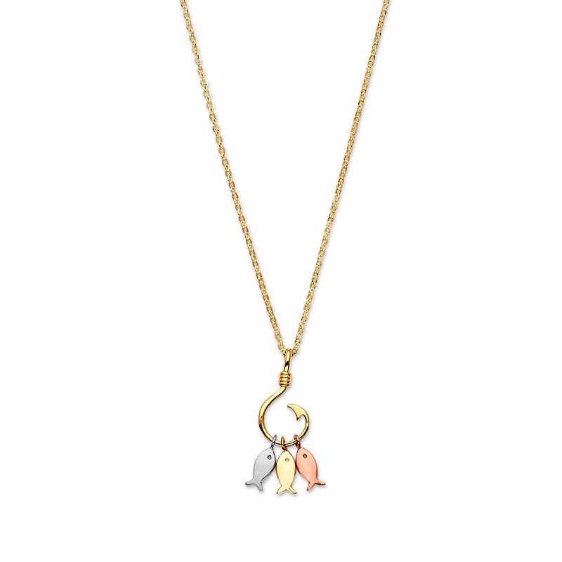 Fish and Hook Necklace in 14K Solid Tri-color Gold for Women