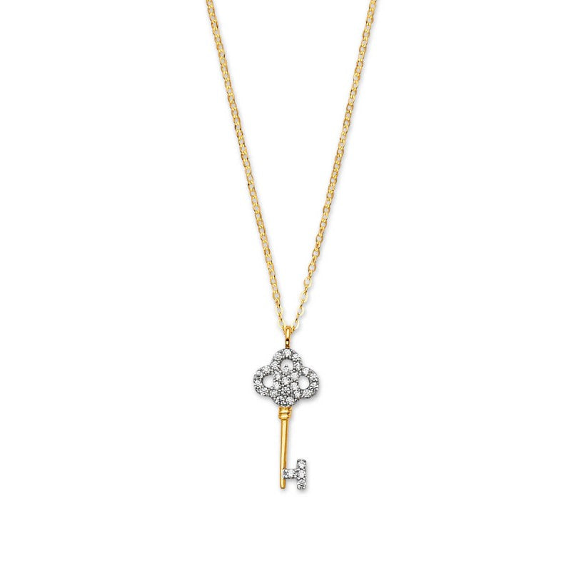 Ladies Adjustable Key Charm Necklace in 14K Solid Yellow Gold with White CZ