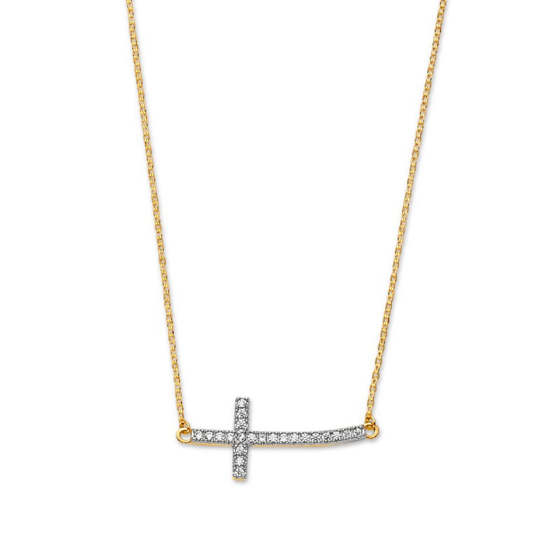 Ladies Adjustable Cross Charm Necklace in 14K Solid Yellow Gold with White CZ