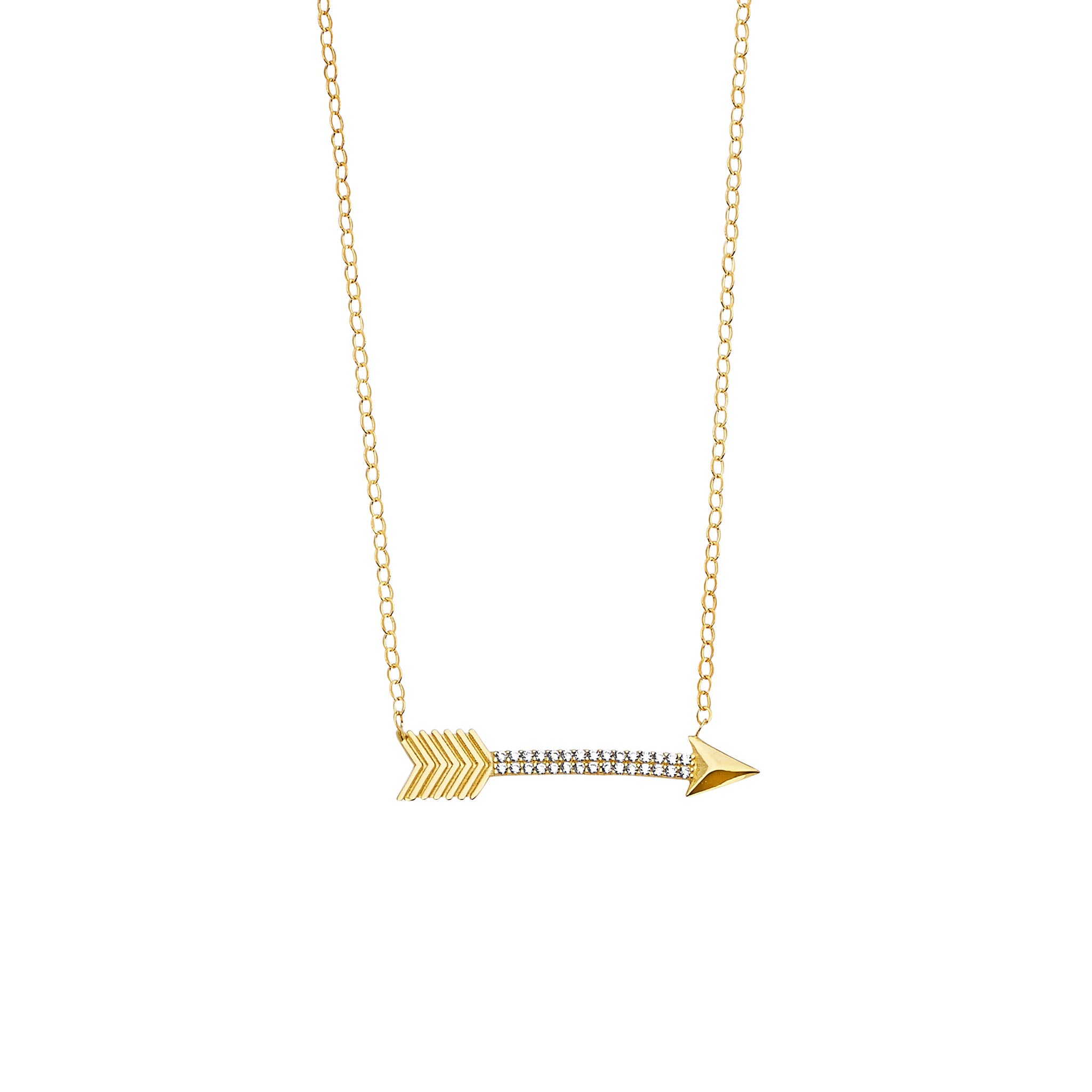 Ladies Arrow Charm Necklace in 14K Solid Yellow Gold with White CZ