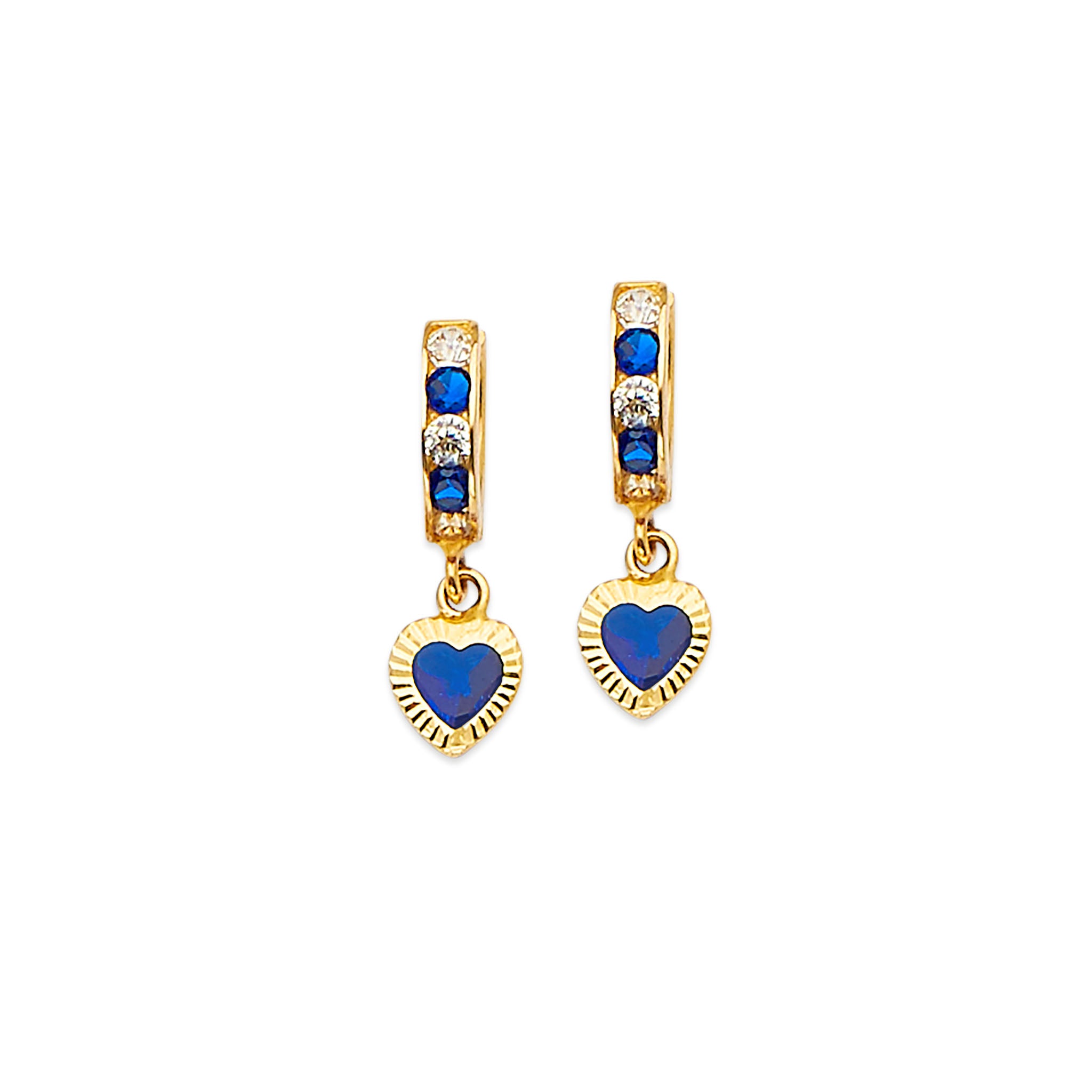 Heart Drop Huggie Earrings in 14K Solid Gold with White & Blue CZ