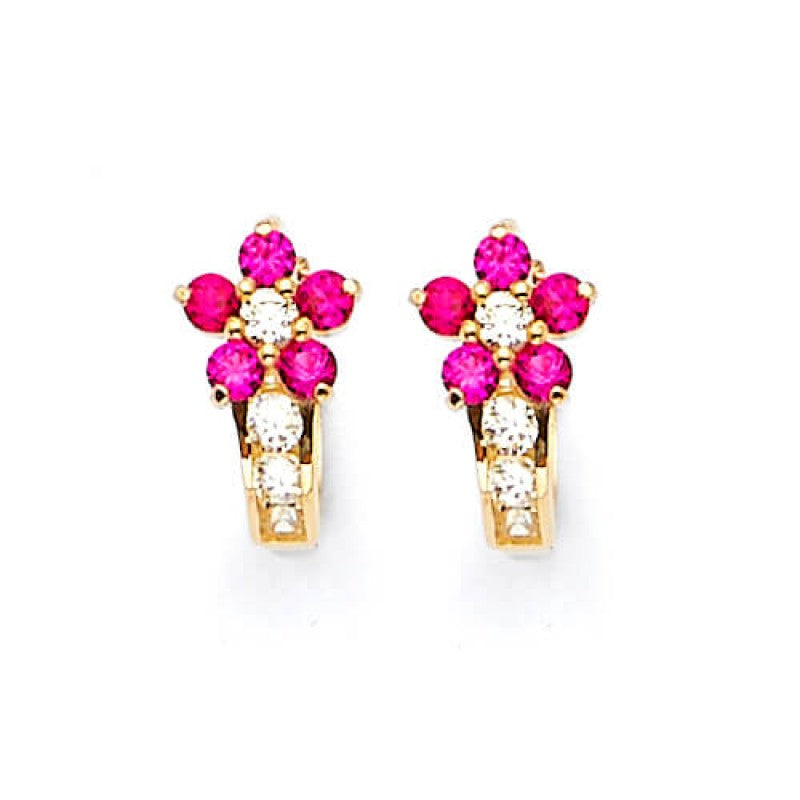 Flower Huggie Earrings in 14K Solid Gold with White & Red CZ