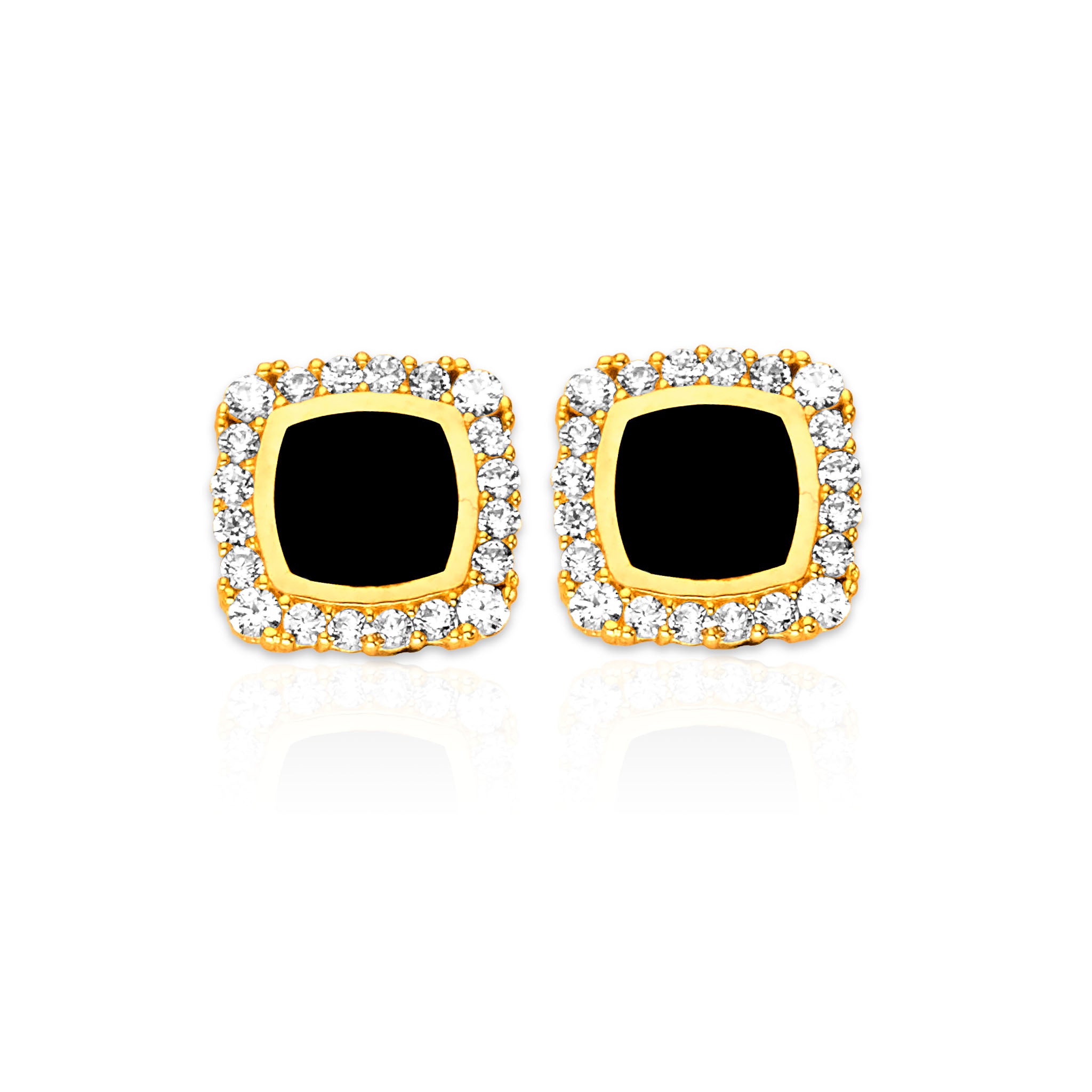 Square Stud Earrings in 14K Solid Gold with BLack Onyx and White CZ