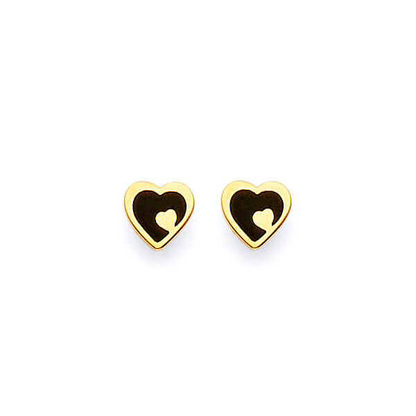 14K Solid Gold & Black Onyx Heart Stud Earrings