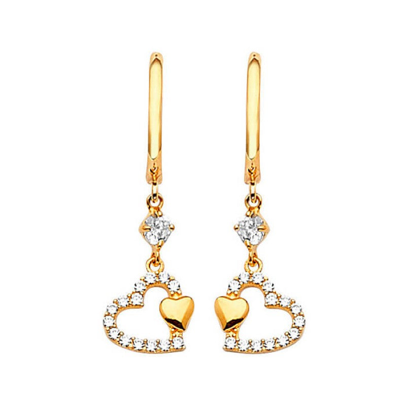 14K Solid Gold with White CZ Drop Earrings