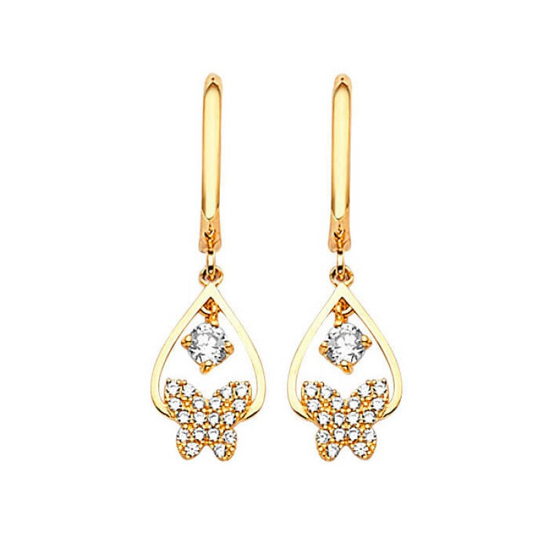 14K Solid Gold w/ White CZ Butterfly Drop Earrings