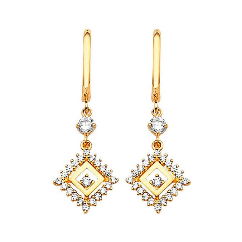 14K Solid Gold with White CZ Drop Earrings