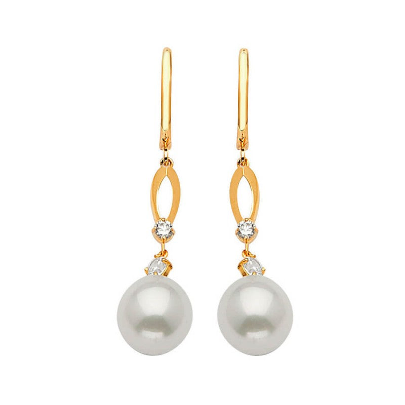 14K Solid Gold with Pearl & White CZ Drop Earrings