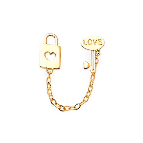 14K Solid Gold Ladies Lock and Key Chain Single Ear Piece Earrings