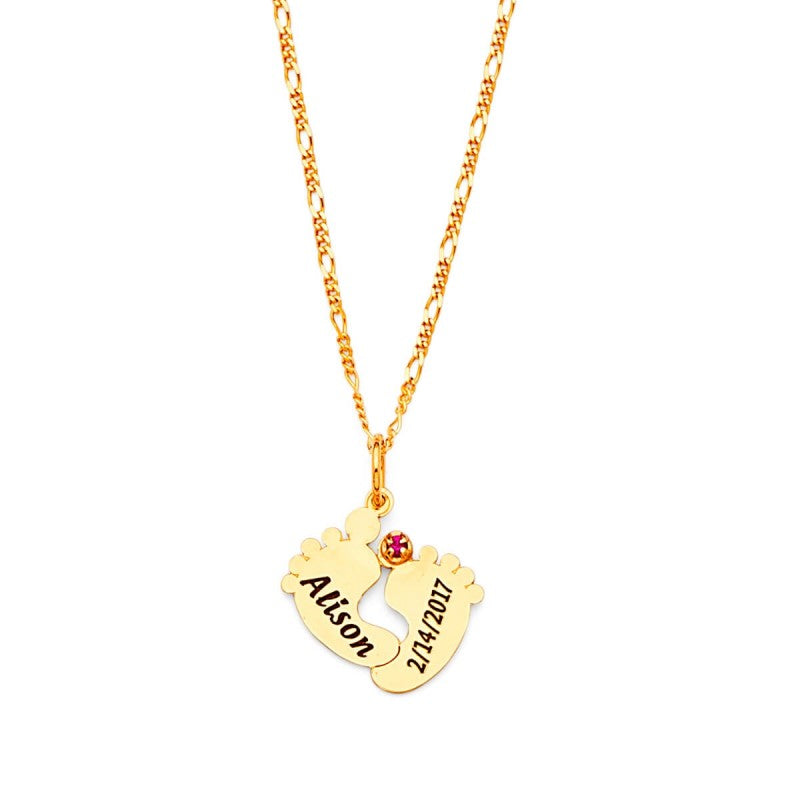 14K Solid Gold Baby Feet Necklace with Red CZ