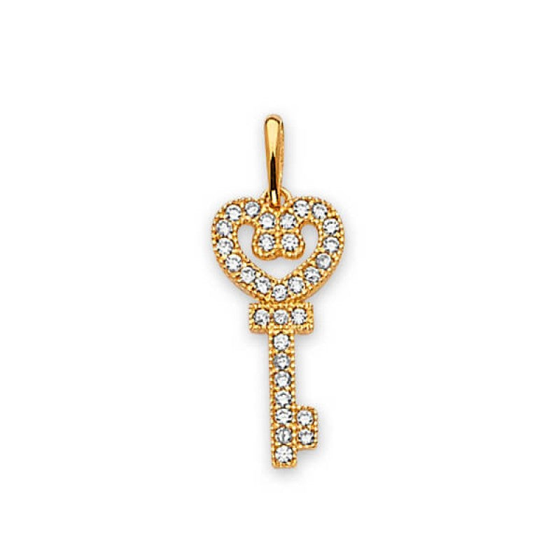 Heart Key Pendant with 14K Solid Gold with White CZ