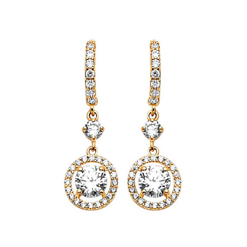 Circle Drop Earrings in 14K Solid Gold w/ White CZ