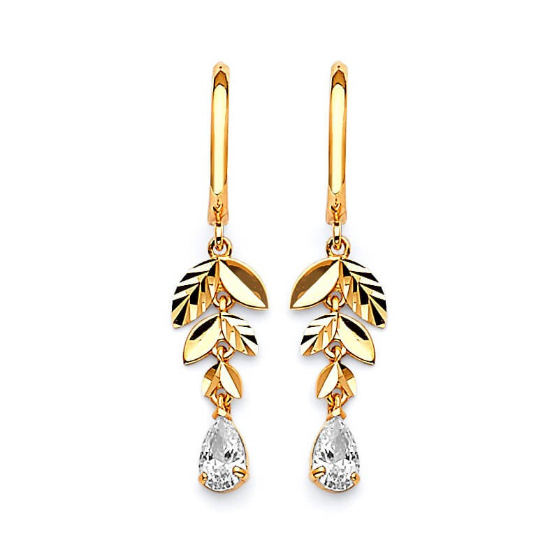 Leaf Drop Earrings in 14K Solid Gold with White CZ