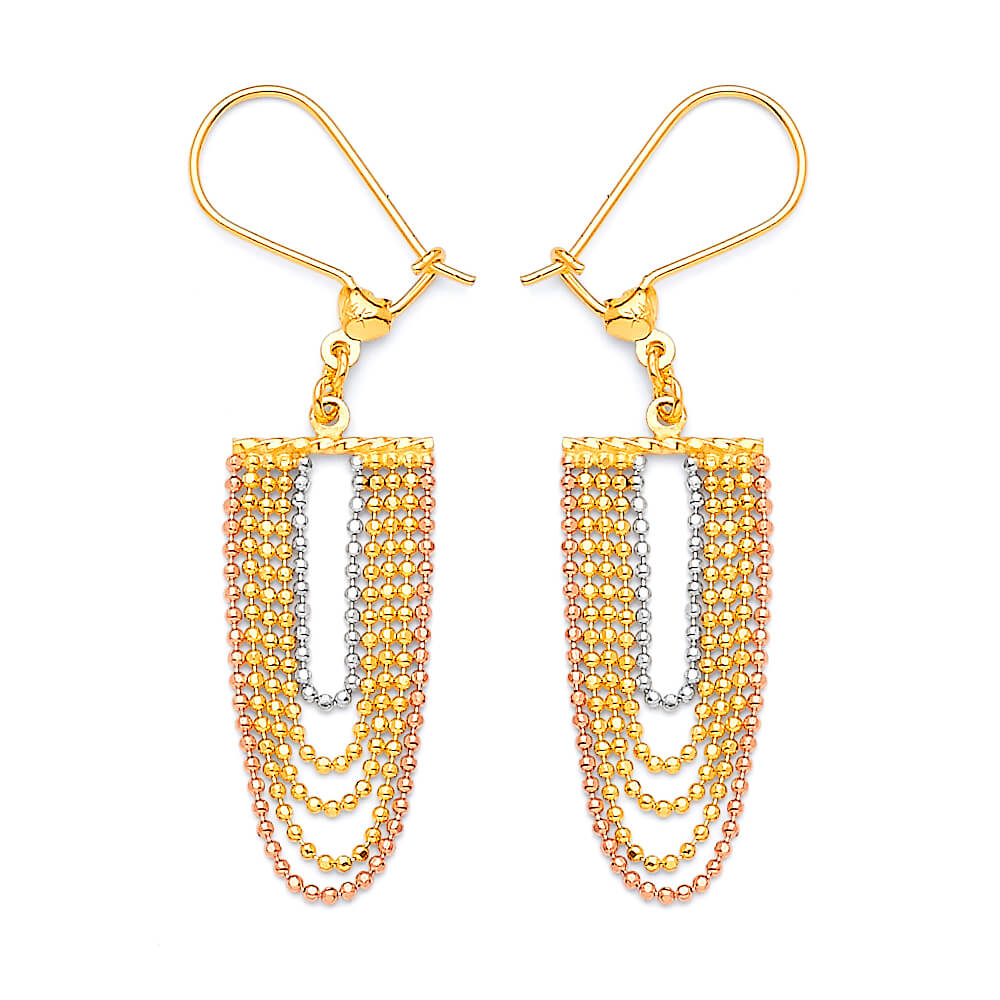 14K Tri-color Solid Gold Ladies Curtain Tassel Beaded Earrings