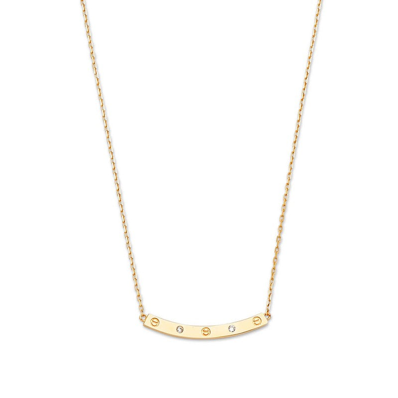 Adjustable Curved Bar Charm Necklace in 14K Solid Gold and White CZ