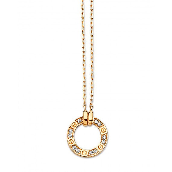 Adjustable Circle Charm Necklace in 14K Solid Gold with White CZ