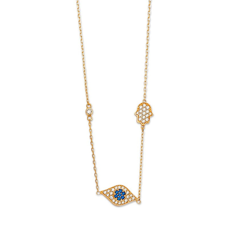 Adjustable Hamsa Charm Necklace in 14K Solid Yellow Gold with White and Blue CZ