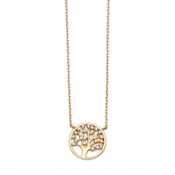 Adjustable Tree Charm Necklace in 14K Solid Gold with White CZ