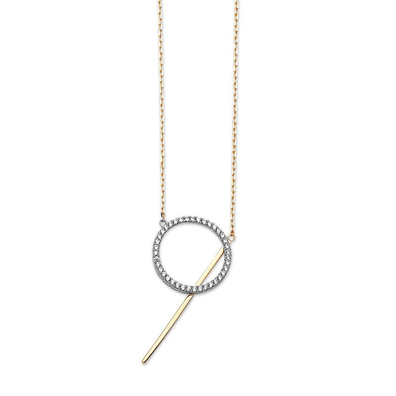 Circle Bar Charm Necklace in 14K Solid Gold and White CZ