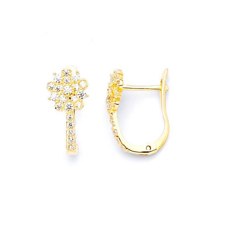 Flower Huggie Earrings in 14K Solid Gold and White CZ