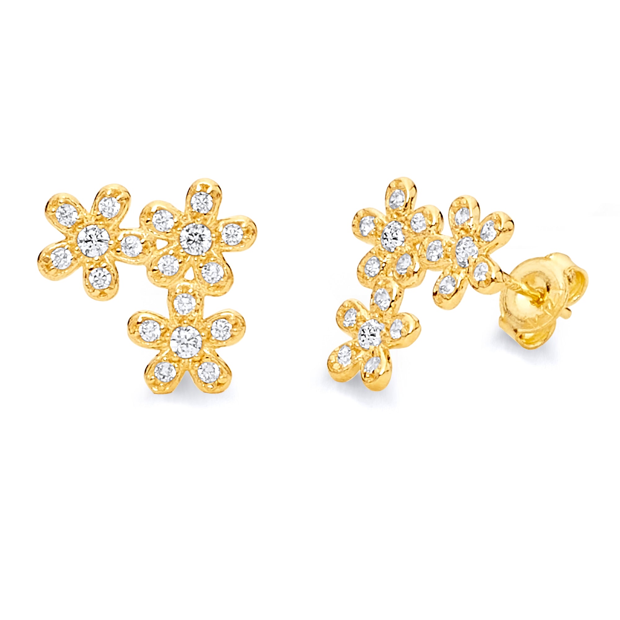 14K Solid Gold w/ White CZ Ladies Three Flowers Stud Earrings