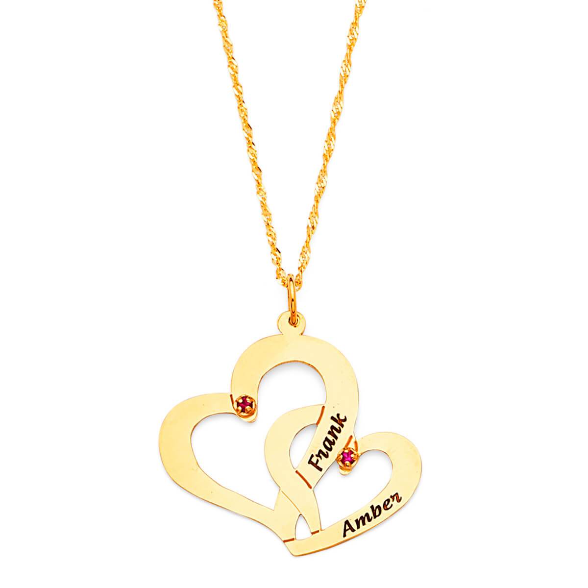 14K Solid Gold Personalized Heart Charm Necklace with Red Stones