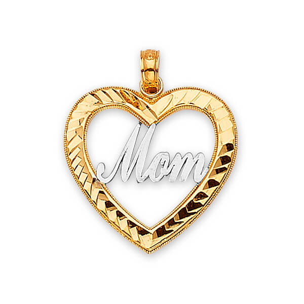 14K Solid Two-tone Gold Heart Mom Pendant