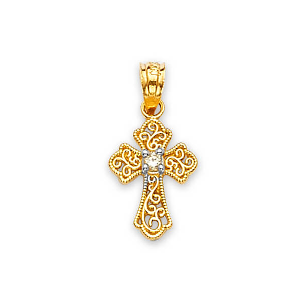 14K Two-tone Solid Gold with White CZ Cross Pendant