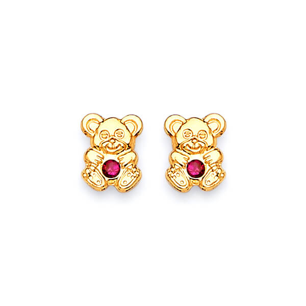 Kid’s Bear Stud Earrings in 14 Karat Yellow Solid Gold and Red Cubic Zirconia