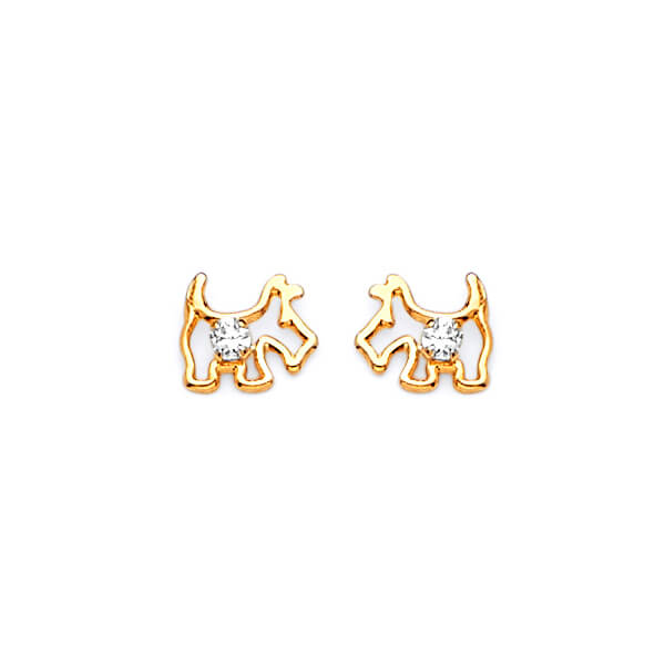 14K Solid Gold with White CZ Dog Stud Earrings