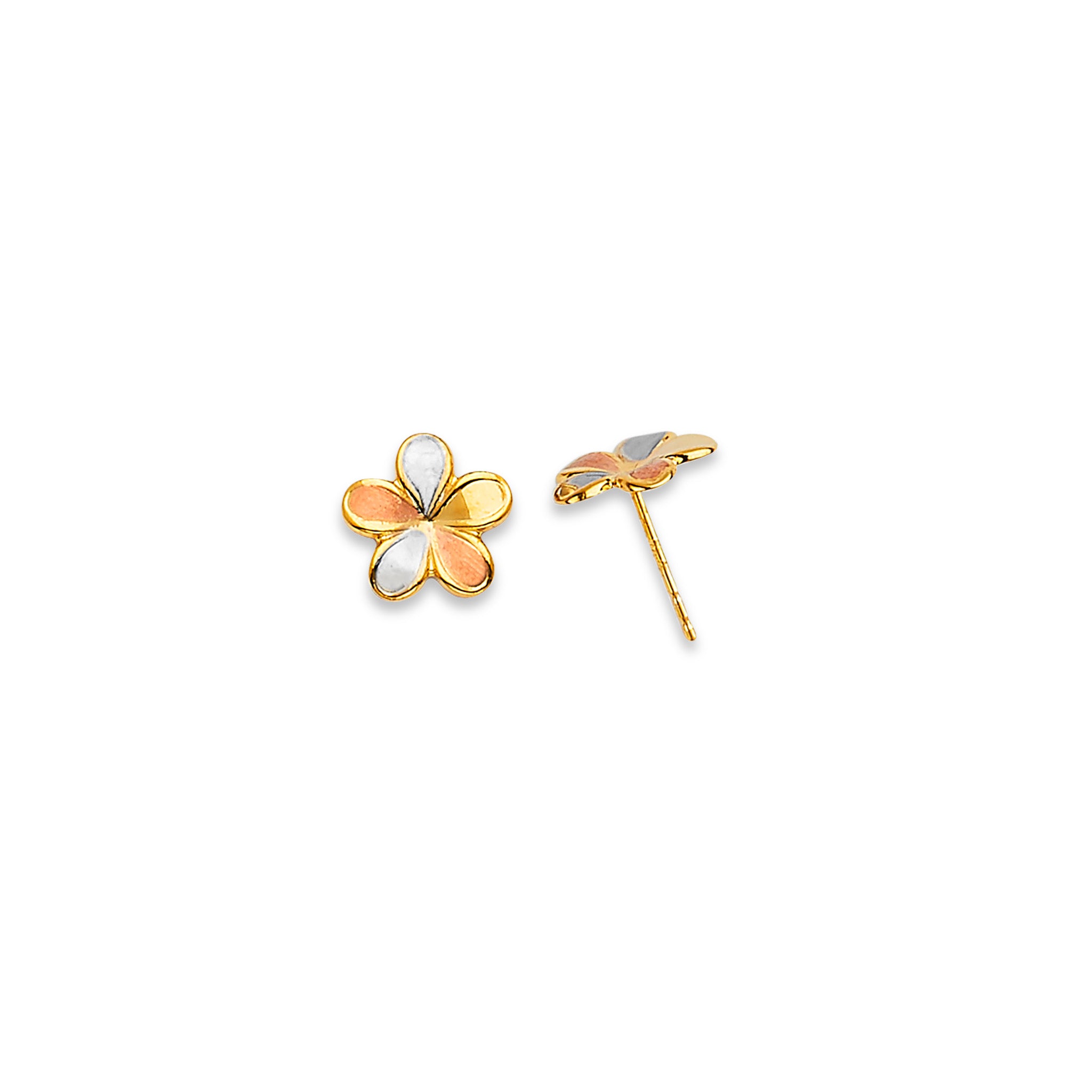 Hawaiian Plumeria Flower Stud Earrings in 14 Karat Tri-color Solid Gold