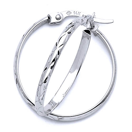 14K White Gold Small Hoop Earrings with Diamond-Cut Design