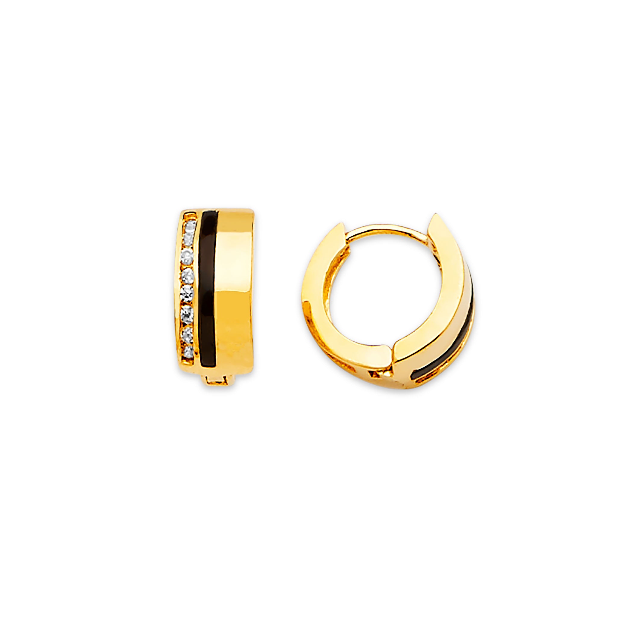 14K Gold Huggie Hoop Earrings with Cubic Zirconia & Black Onyx